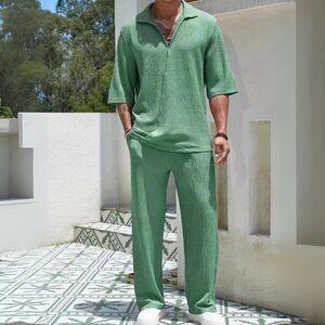 Men's Gum Leaf Johnny Collar Half Sleeve Top & Pants Resort Outfit
